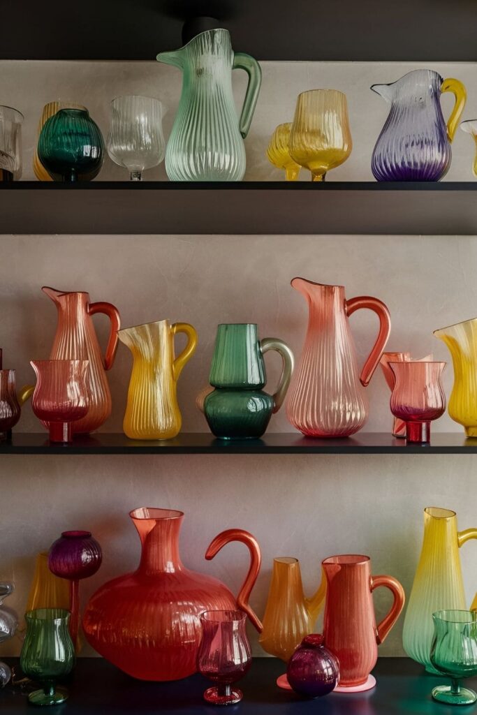 Mexican blown glass items including pitchers, glasses, and vases with unique shapes and vibrant colors displayed on kitchen shelves