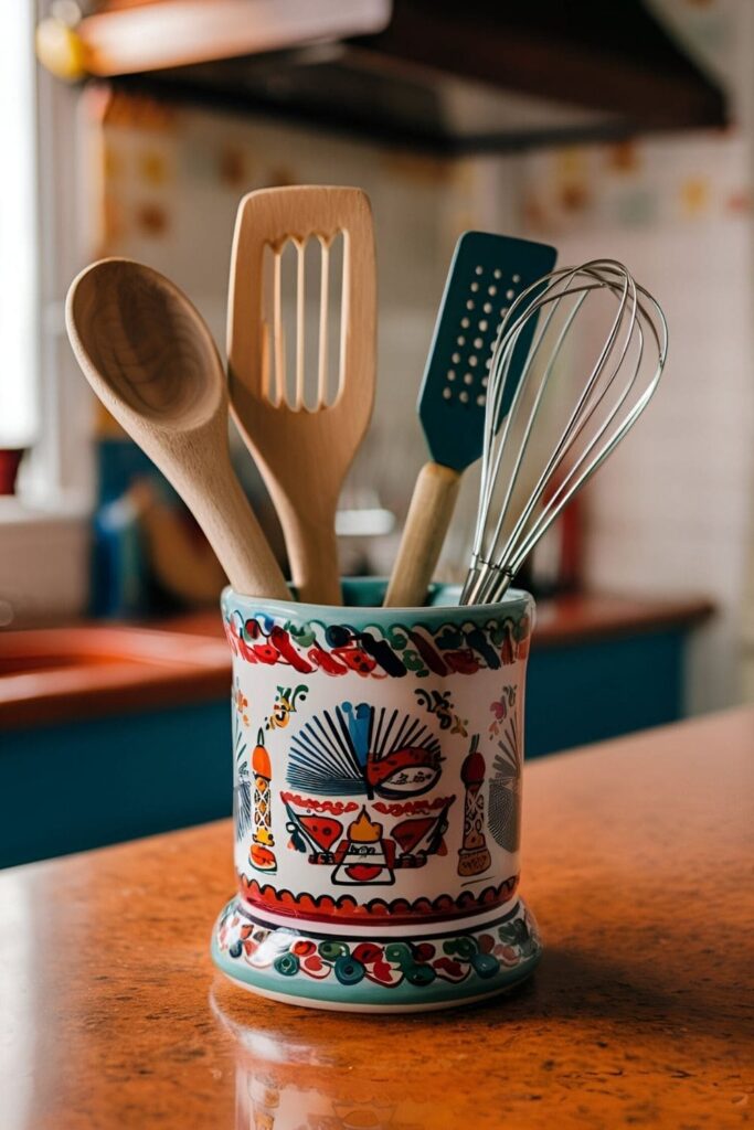 Mexican-style utensil holder made from ceramic or clay, featuring a vibrant design and used to keep cooking tools organized on the countertop