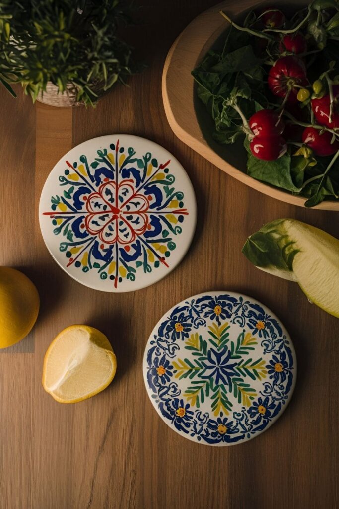 Mexican tile trivets with traditional designs used on countertops and tables to protect surfaces from hot pots and pans, also serving as decor