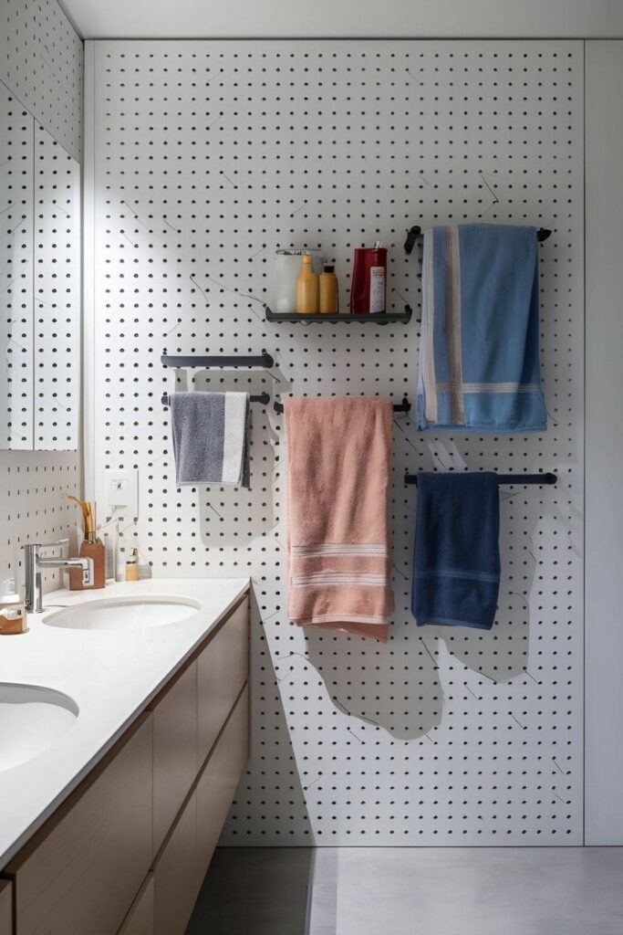 Modern bathroom with a pegboard on the wall, holding towels and other items