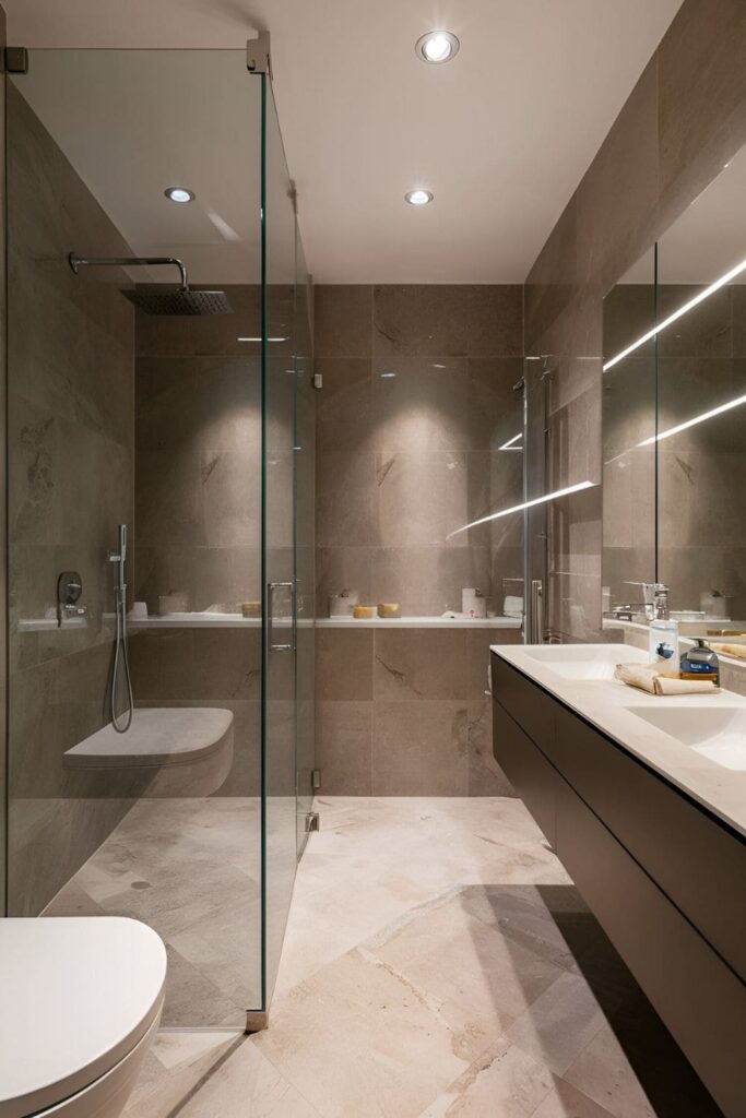 Modern bathroom with clear glass shower enclosures, creating a spacious feel