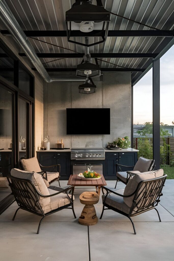 Modern industrial-style outdoor patio with a TV, showcasing exposed metal, concrete, wood elements, and industrial lighting