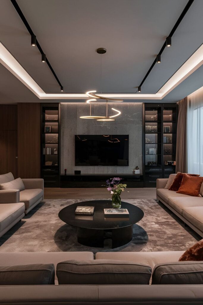 Modern living room featuring smart systems for lighting, climate control, and entertainment, showcasing luxury and convenience