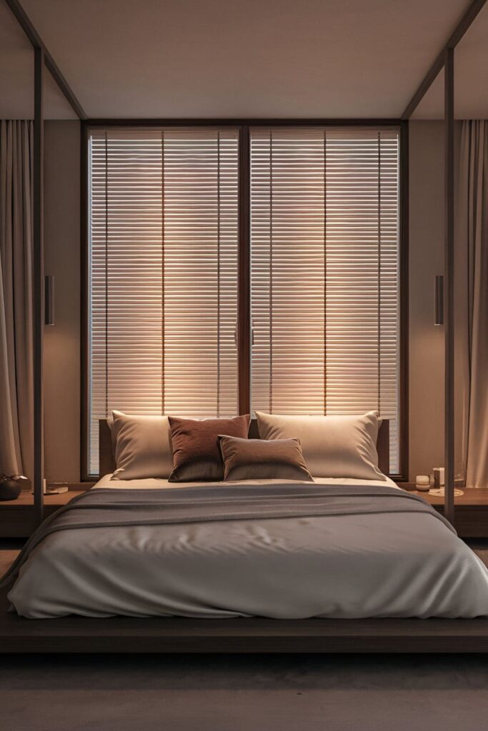 Modern minimalist bedroom with a window behind the bed, fitted with transparent blinds that maintain privacy and allow light to filter in