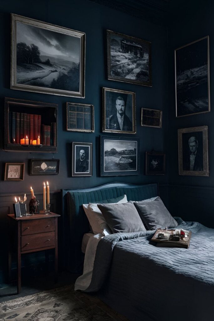 Moody landscapes, portraits of intellectuals, and still lifes of old books and candles displayed on the walls of a dark academia bedroom