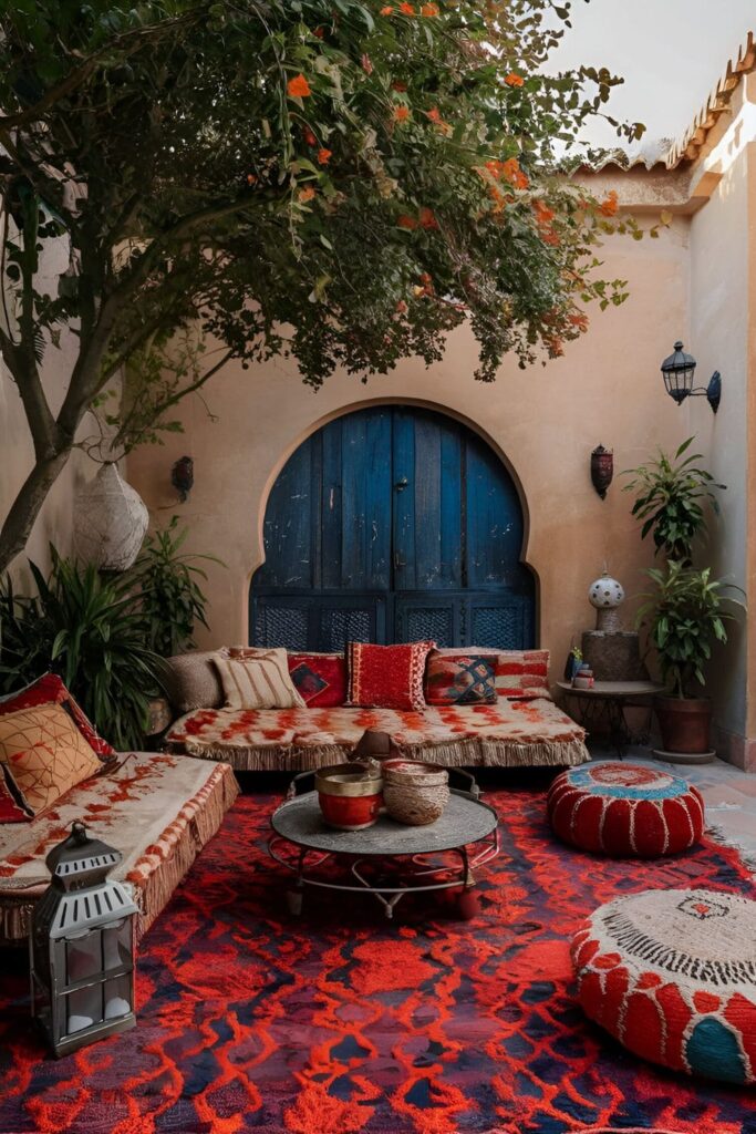 Moroccan-style patio with a vibrant patterned rug in deep colors lanterns poufs and low seating