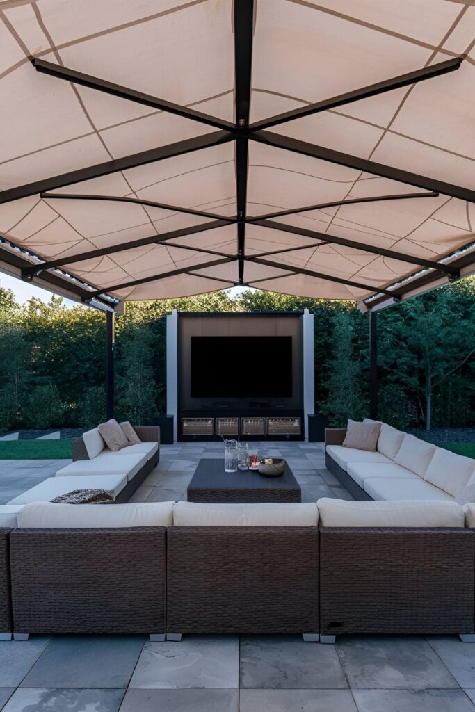 Outdoor TV lounge with a canopy for shade, including a large, comfortable sofa and a coffee table for drinks and snacks