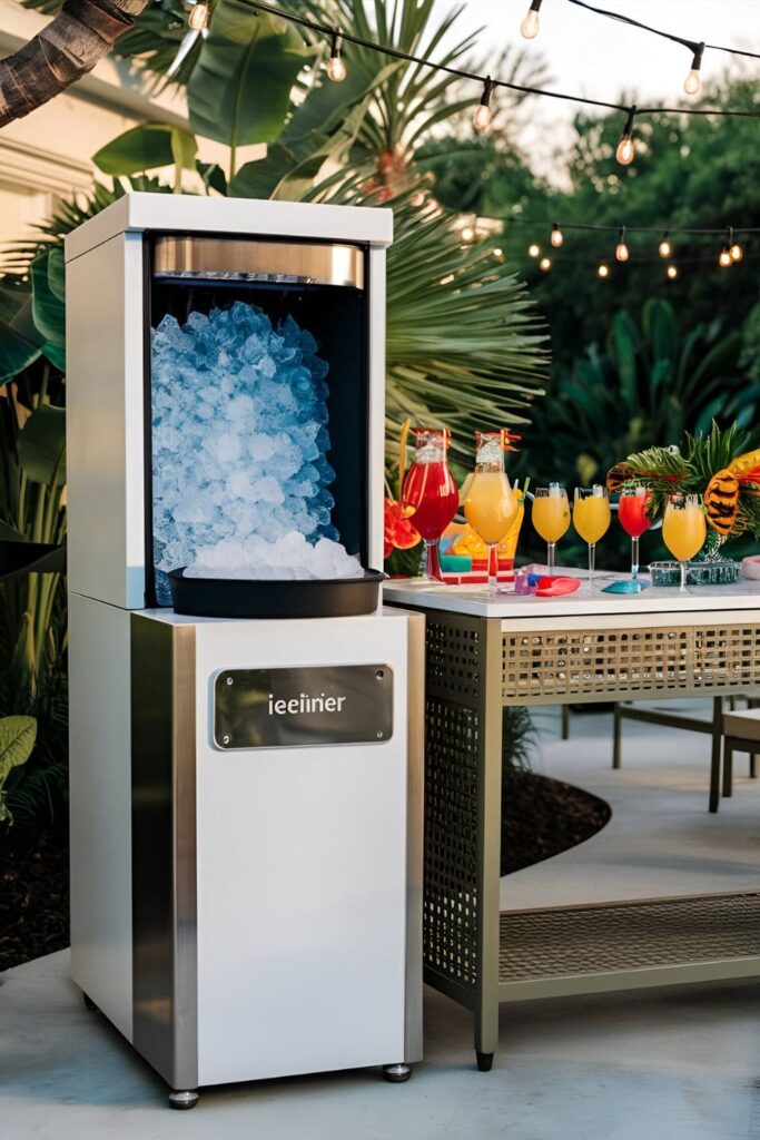 Outdoor ice maker unit stocked with fresh ice next to beverage station