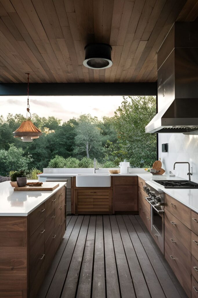 Outdoor kitchen area warmed by a ceiling-mounted heater