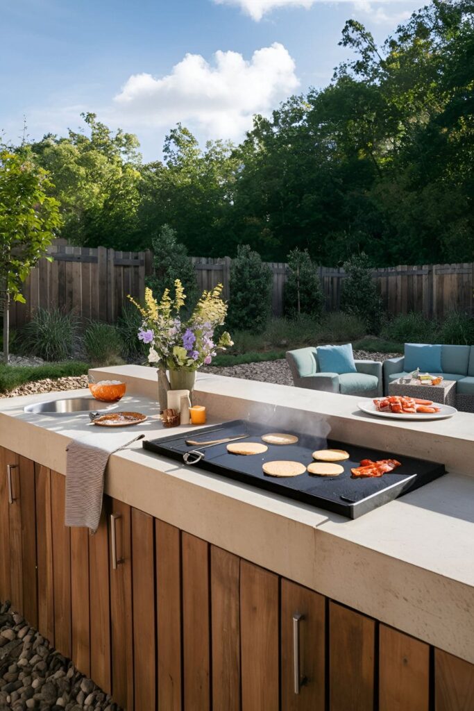 Outdoor kitchen counter with built-in griddle cooking breakfast items