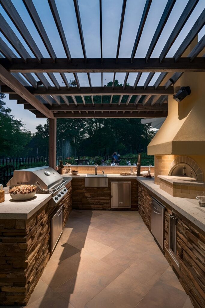 Outdoor kitchen on patio with grill, pizza oven, and prep area