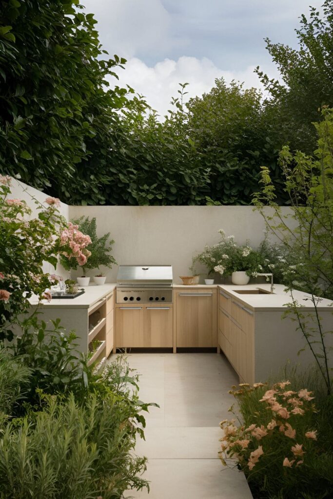 Outdoor kitchen surrounded by lush garden with flowers and vegetables