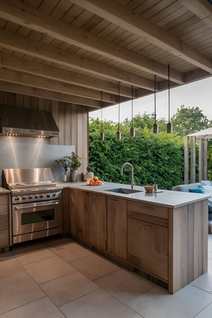 Outdoor kitchen with custom cabinetry made from weather-resistant materials