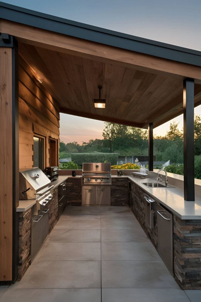 Outdoor kitchen with designated grilling, baking, and smoking stations