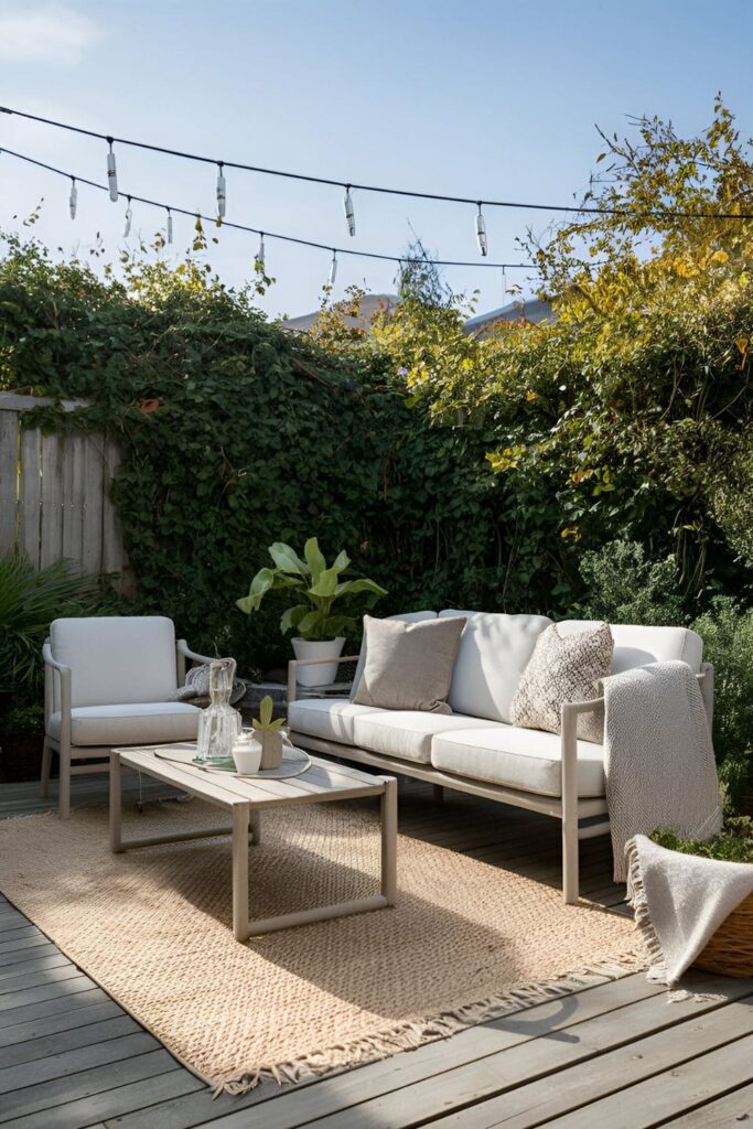 Outdoor living room setup with a rug under a sofa and coffee table outdoor throw pillows and blanket