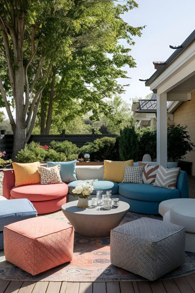 Outdoor ottomans in a variety of colors and patterns, providing additional seating on a patio, arranged around a central coffee table