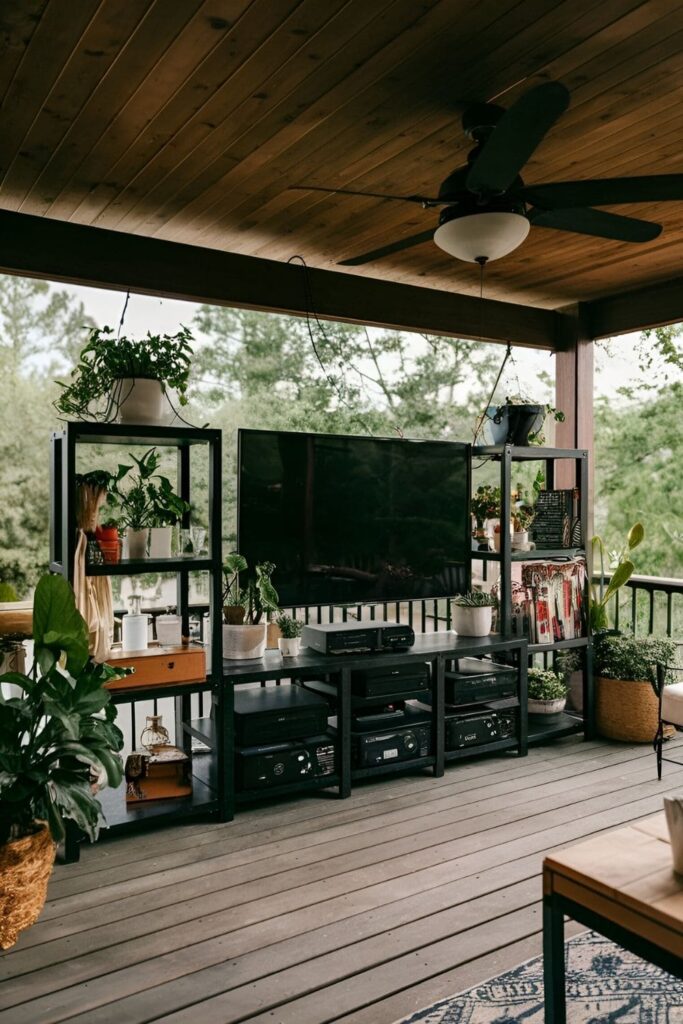 Outdoor patio with a TV and surrounding shelving units, holding plants, outdoor knick-knacks, and media devices, creating a stylish and organized space