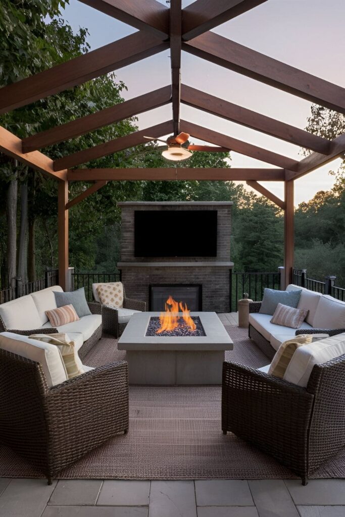 Outdoor patio with a TV and a fire pit as the focal point, surrounded by comfortable, weather-resistant furniture and blankets