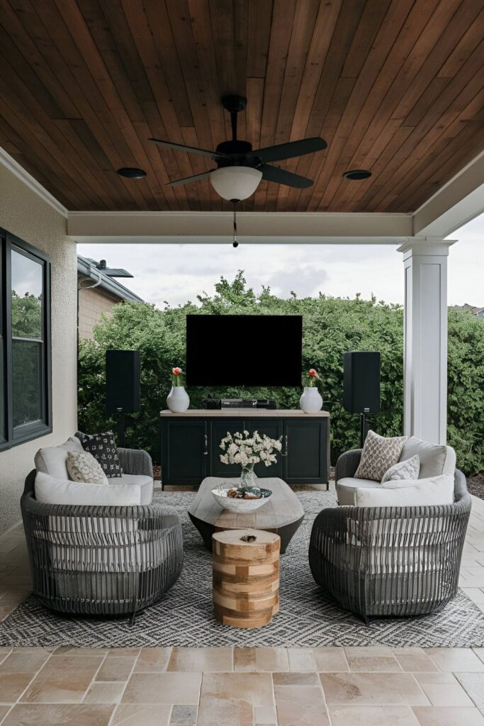 Outdoor patio with a TV and a surround sound system, featuring outdoor-rated speakers and comfortable seating