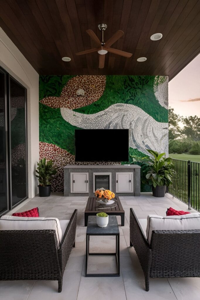 Outdoor patio with a TV and an artistic wall mural as a backdrop, including painted designs, mosaics, or vertical gardens