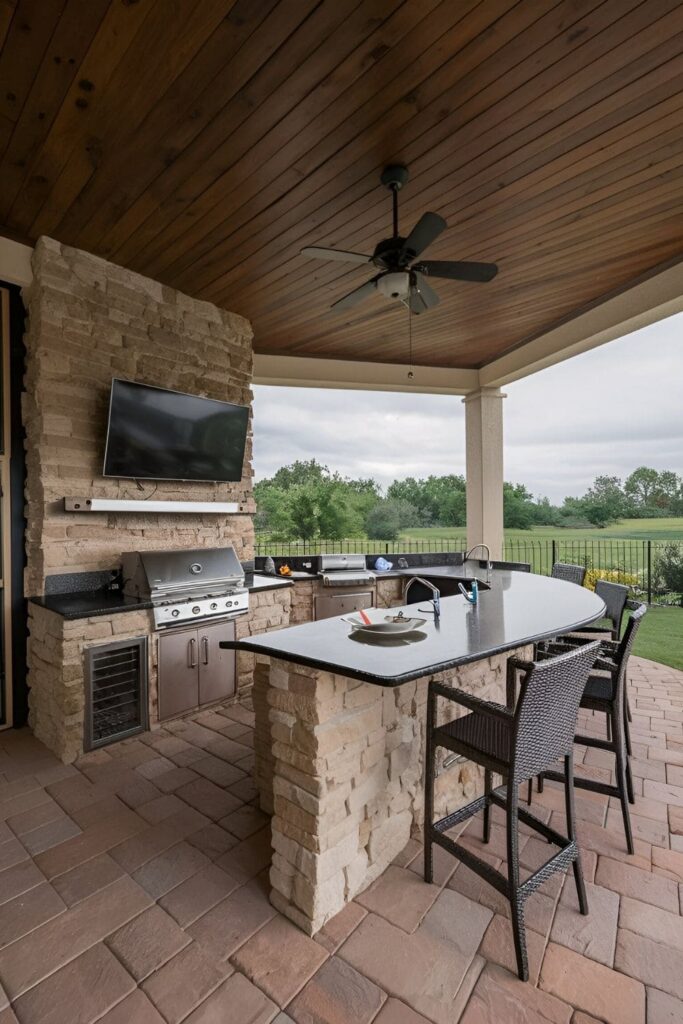 Outdoor patio with a TV and an outdoor kitchen, featuring a grill, sink, fridge, counter space, and a dining area