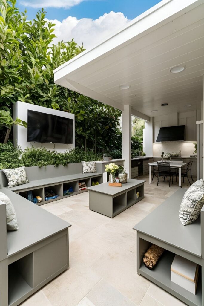 Outdoor patio with a TV and multi-functional benches with built-in storage, providing a tidy and organized space