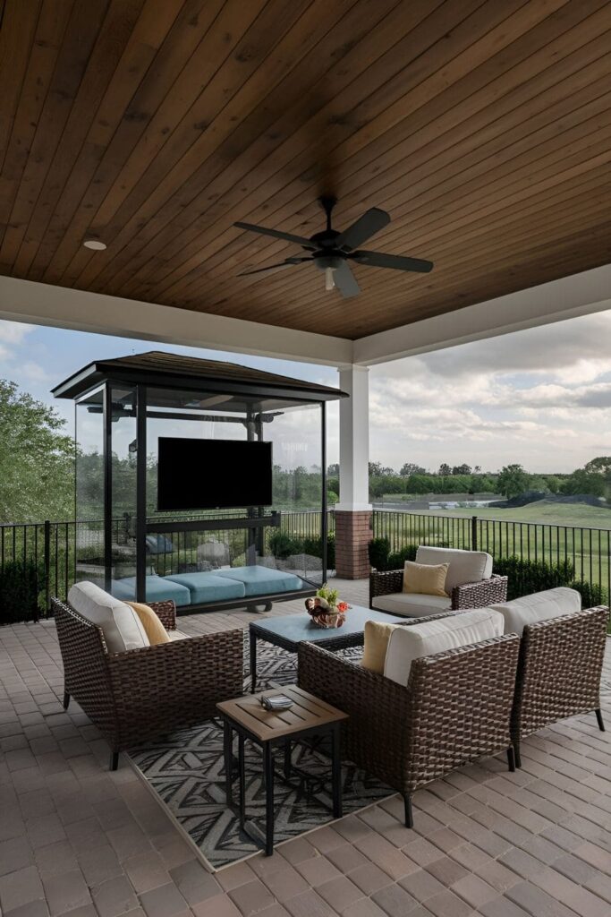 Outdoor patio with a TV in a protective glass-front enclosure, surrounded by stylish and comfortable seating