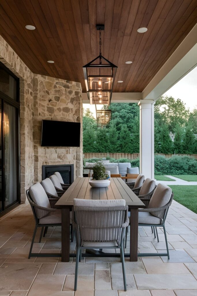 Outdoor patio with a TV near a dining area, perfect for family dinners or hosting friends, with a large dining table and chairs