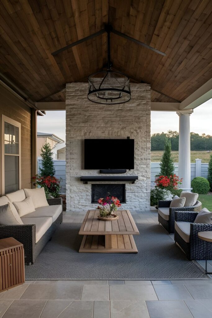 Outdoor patio with a built-in TV nook made of stone, brick, or wood, seamlessly integrated into the patio wall