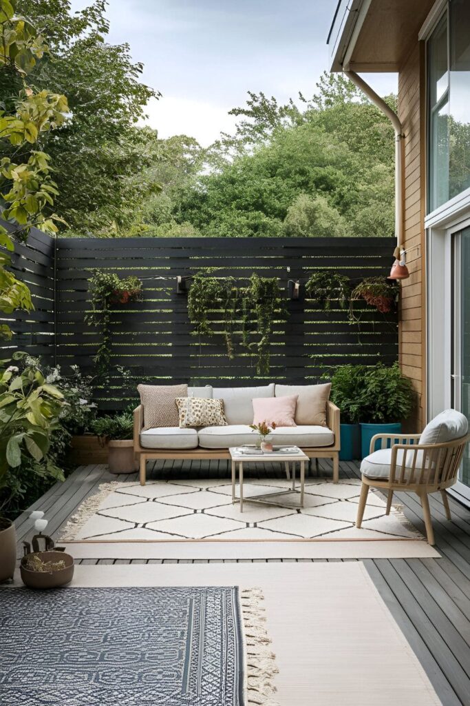 Outdoor patio with layered rugs large neutral base rug with a smaller patterned rug on top surrounded by cushions and a small table