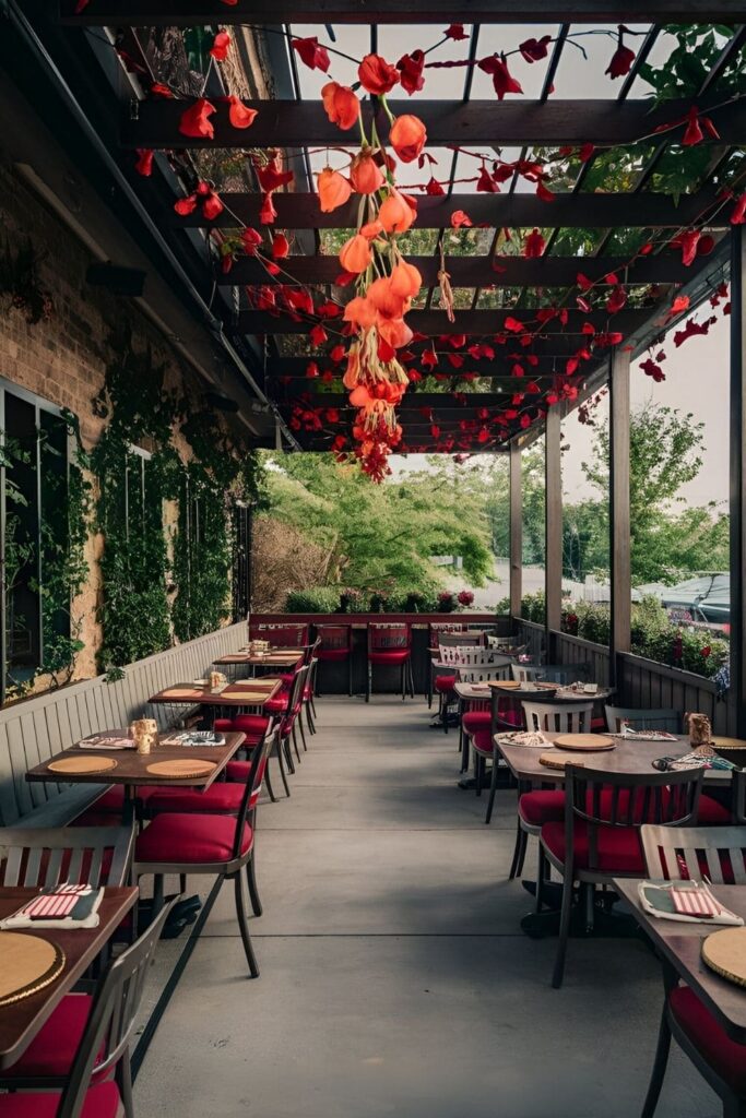 Outdoor patio with themed decor like a tropical oasis, rustic garden, or Mediterranean retreat, enhancing the dining experience with cohesive themes that make the restaurant stand out