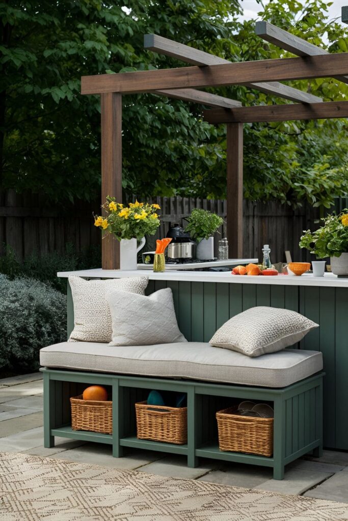 Outdoor storage bench with cushions and integrated storage for accessories