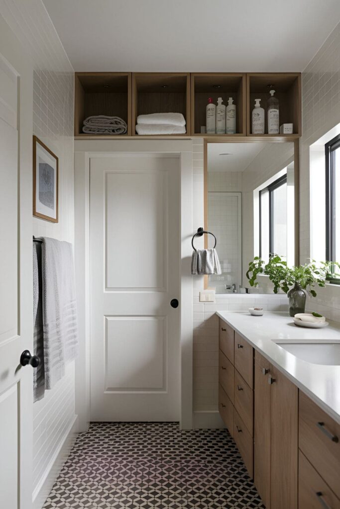 Overhead cabinets above a bathroom door, storing towels and toiletries