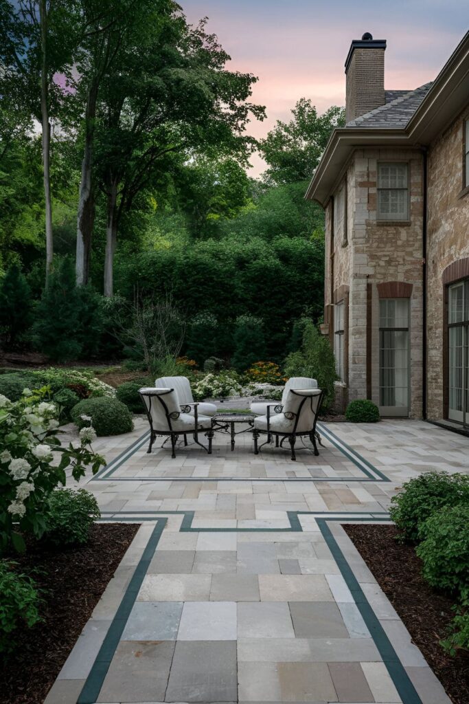 Patio enhanced with decorative paver borders, using contrasting colors or materials for added definition