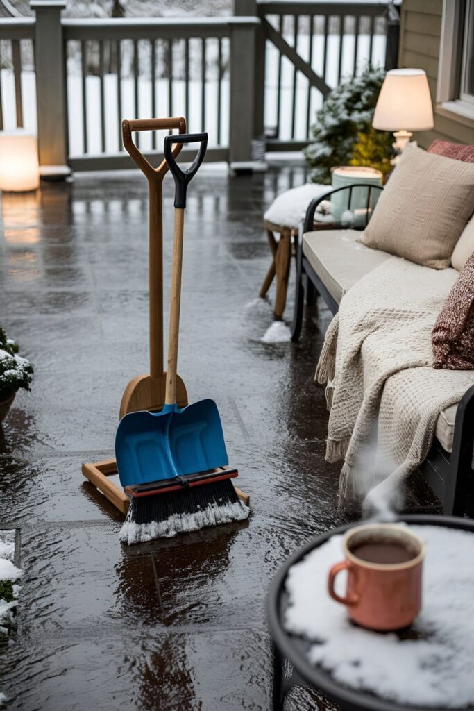 Patio equipped with snow removal tools like a small shovel and broom, ready to keep the area clear and accessible