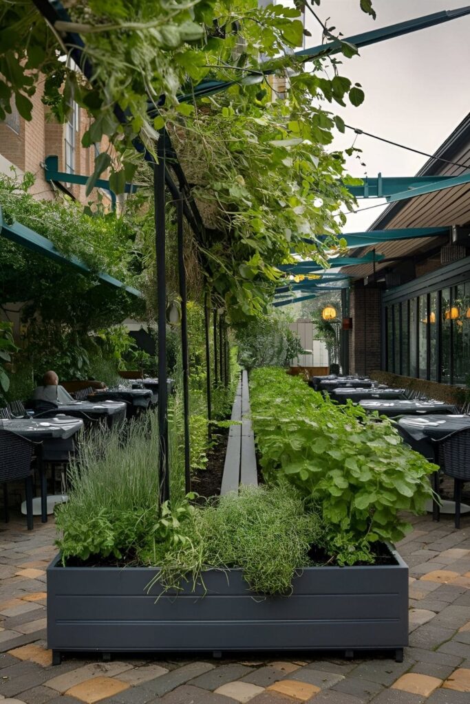 Patio featuring herb gardens in planters, adding fragrance and freshness