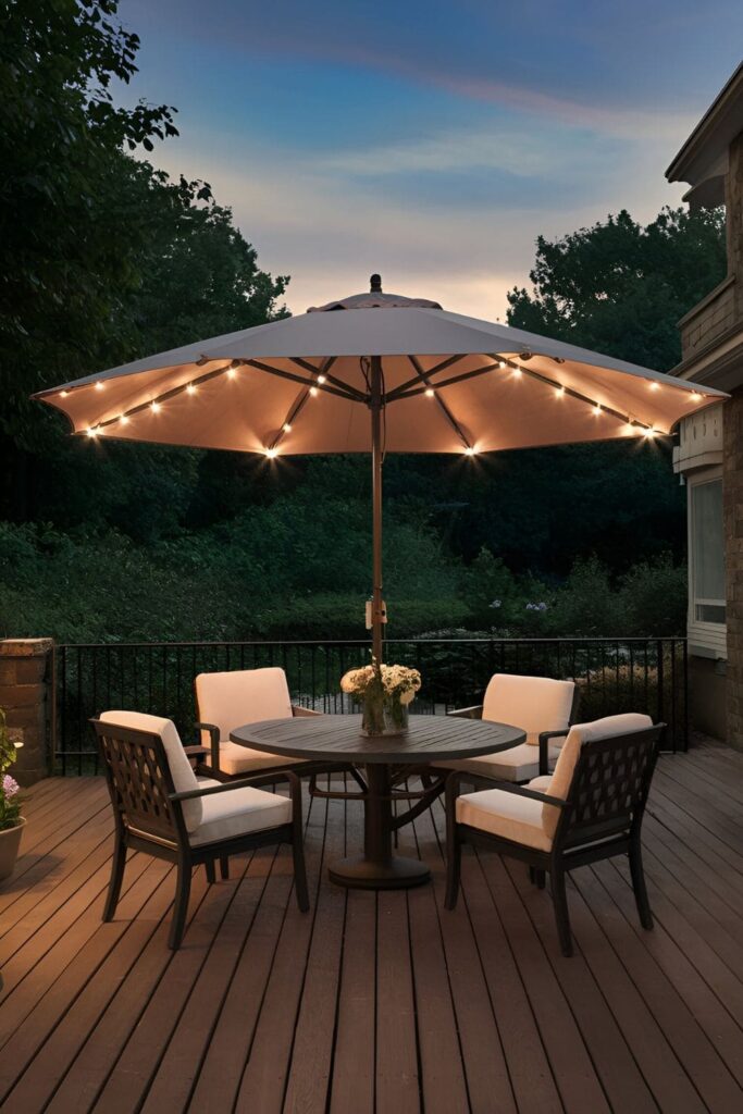 Patio illuminated by an umbrella with built-in string lights and embedded LEDs