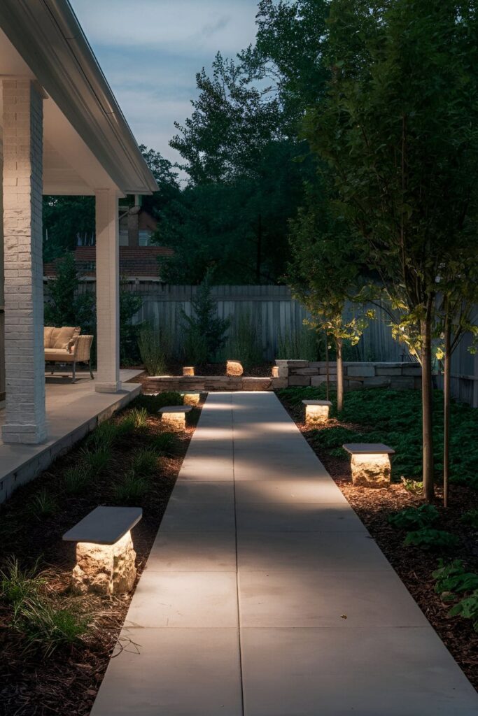 Patio landscape with stone and rock lights blending seamlessly into natural elements, looking like real stones during the day and emitting subtle illumination at night