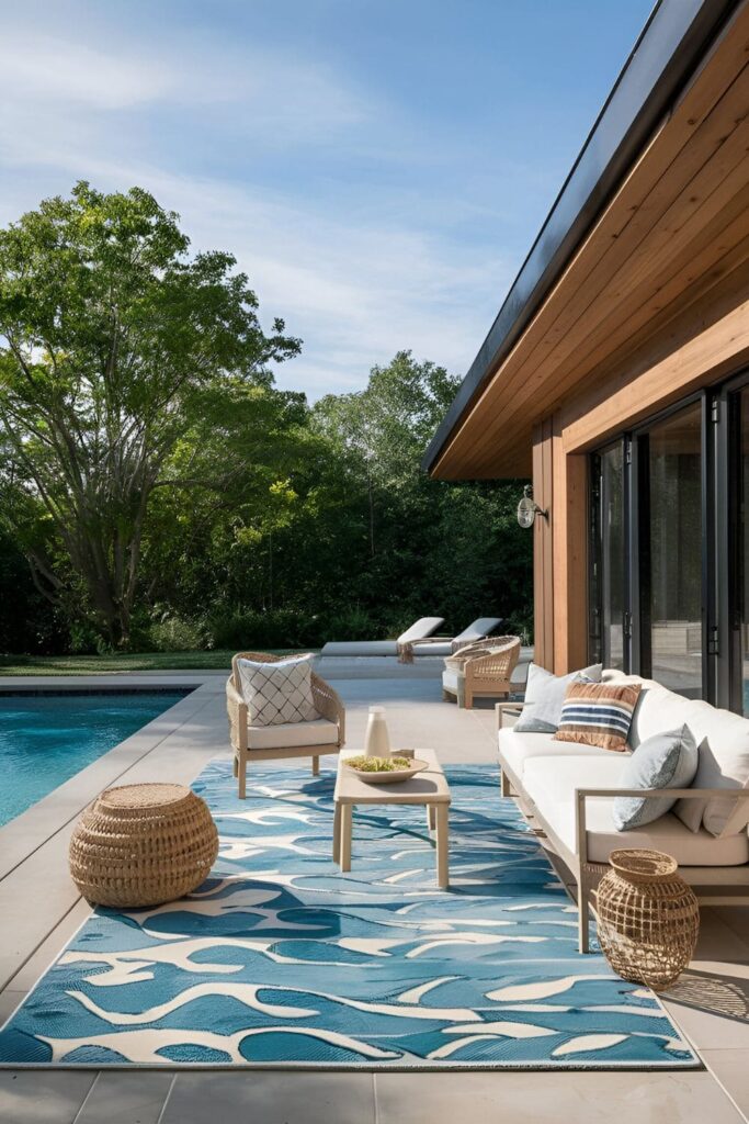 Patio near a pool with a water-resistant rug featuring wave patterns lounge chairs and poolside accessories