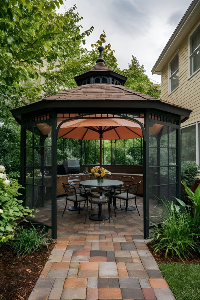 Patio umbrella combining features of a gazebo for extensive coverage and privacy