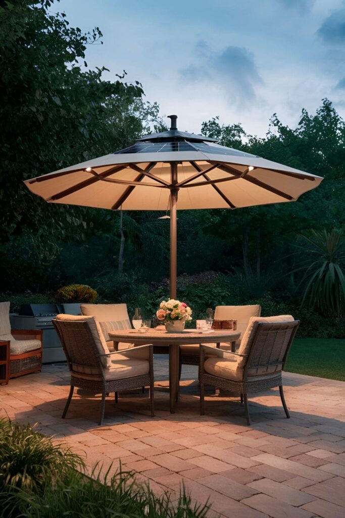 Patio umbrella featuring solar panels powering lights and fans