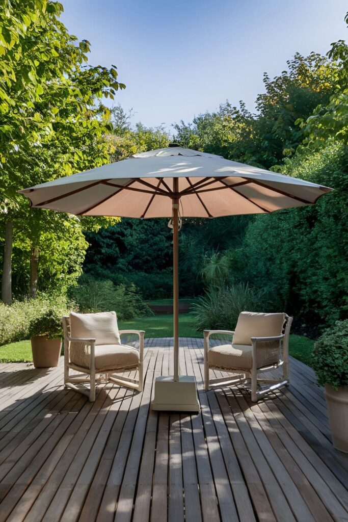 Patio umbrella made from cooling fabric reflecting sunlight for a cooler environment