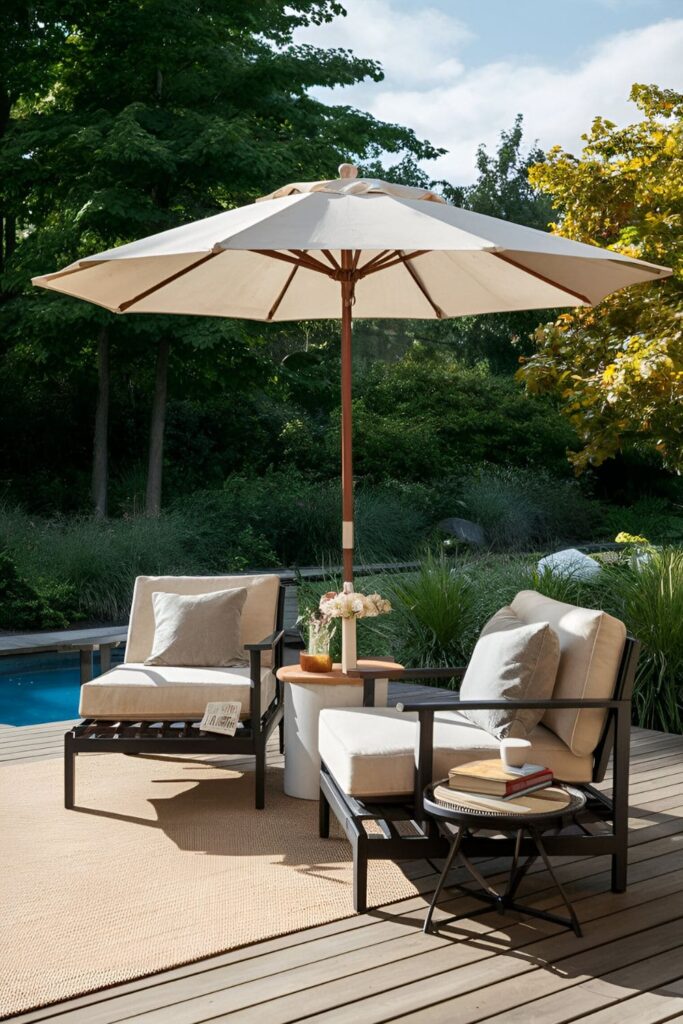 Patio umbrella with a built-in side table holding drinks, snacks, and books