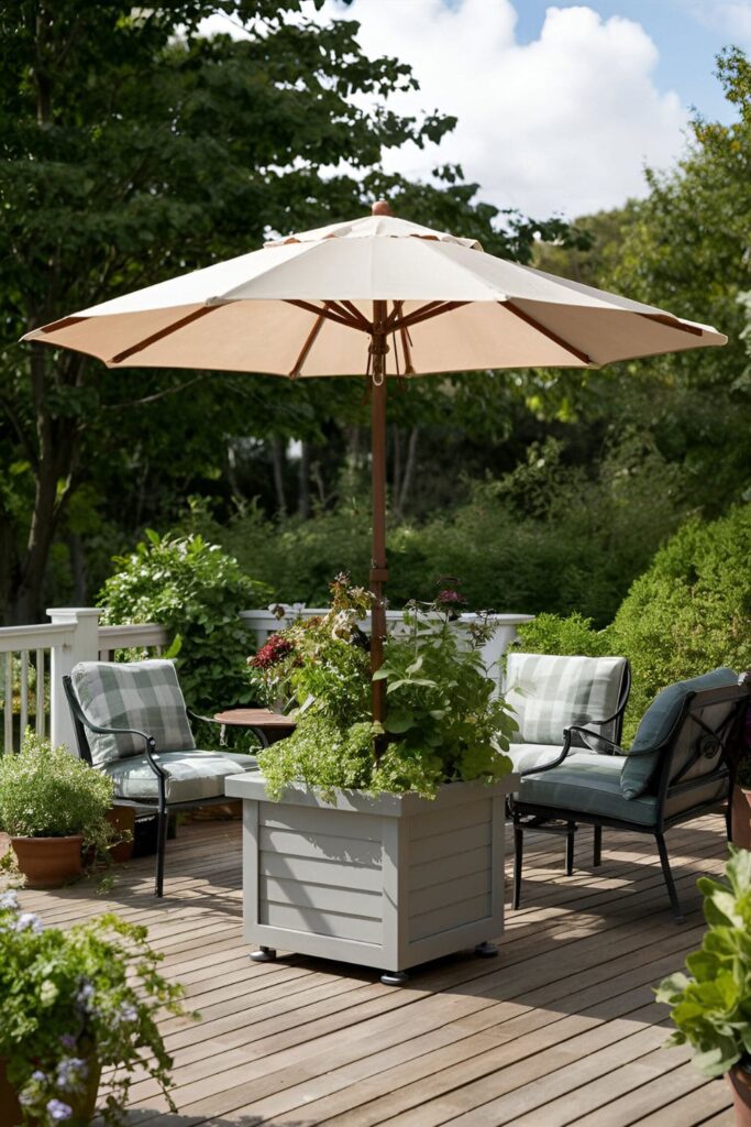 Patio umbrella with a planter base growing flowers and herbs