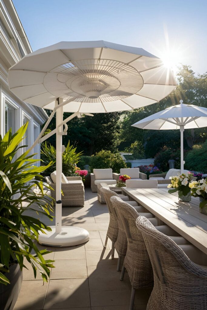 Patio umbrella with built-in fans circulating air for a cooling breeze