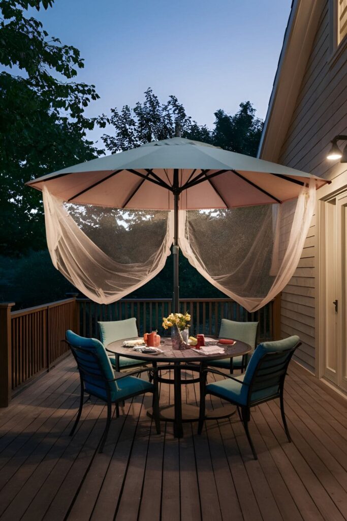 Patio umbrella with mosquito netting, providing a bug-free outdoor space