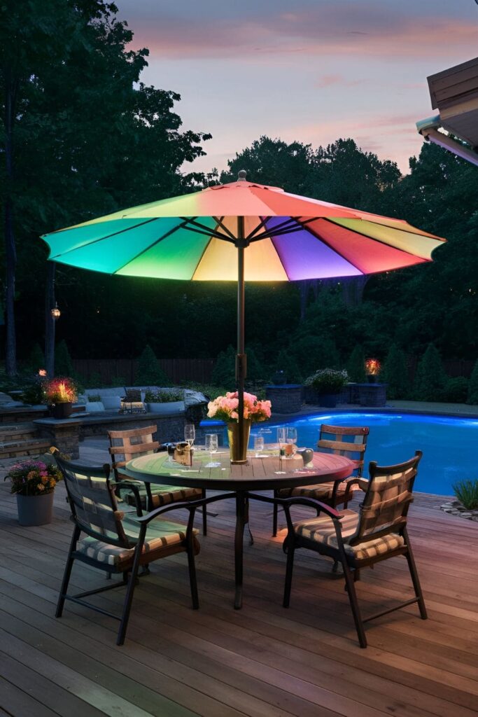 Patio with a color-changing umbrella using LED lights to create a vibrant evening atmosphere