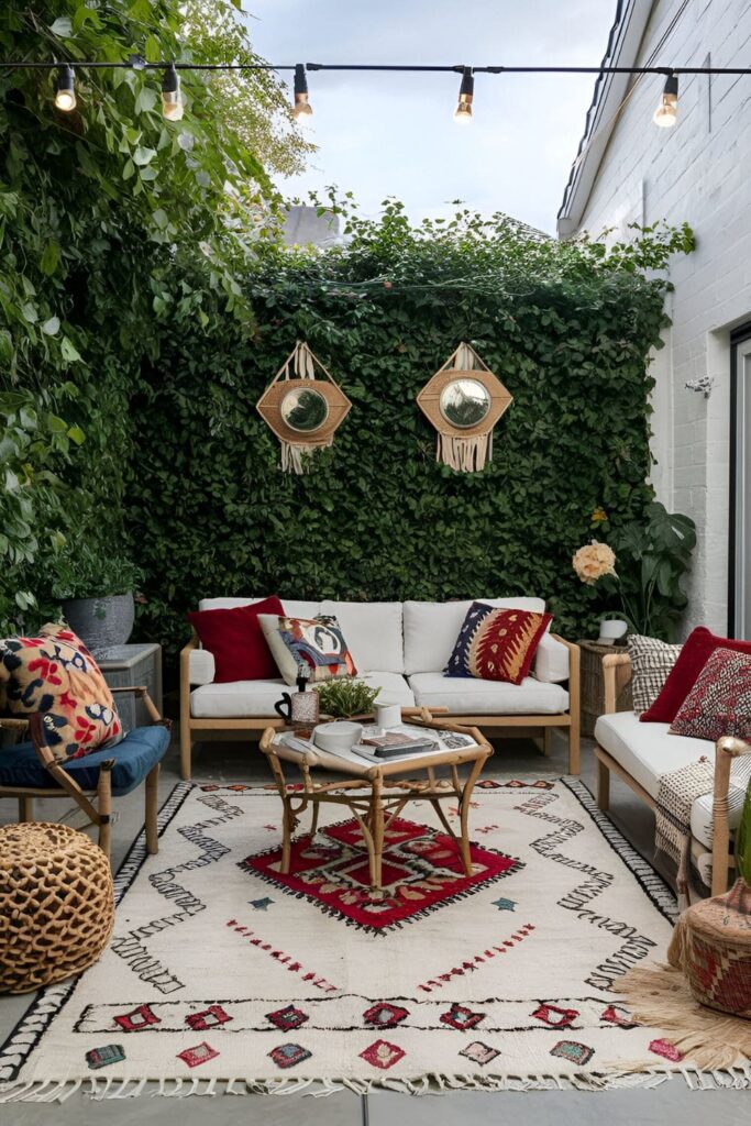 Patio with a culturally inspired rug featuring Moroccan Persian or Native American designs matching cultural decor items