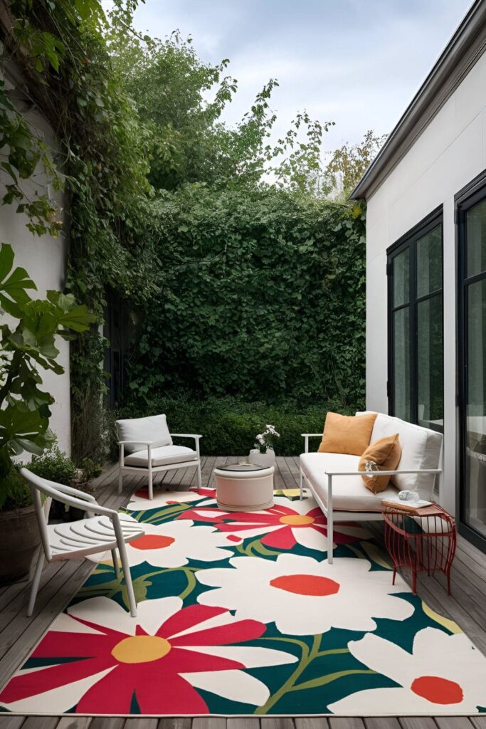 Patio with a floral rug featuring large bold flower patterns simple and elegant furniture fresh and inviting atmosphere