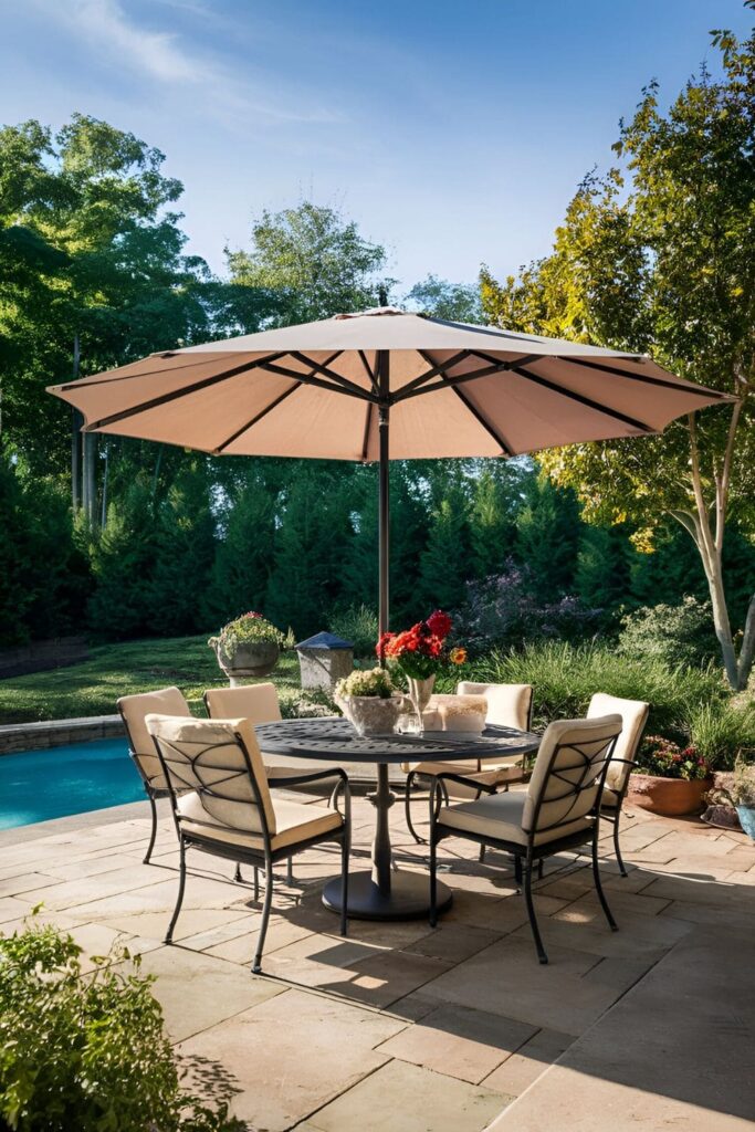 Patio with a large umbrella featuring side panels for extra shade coverage